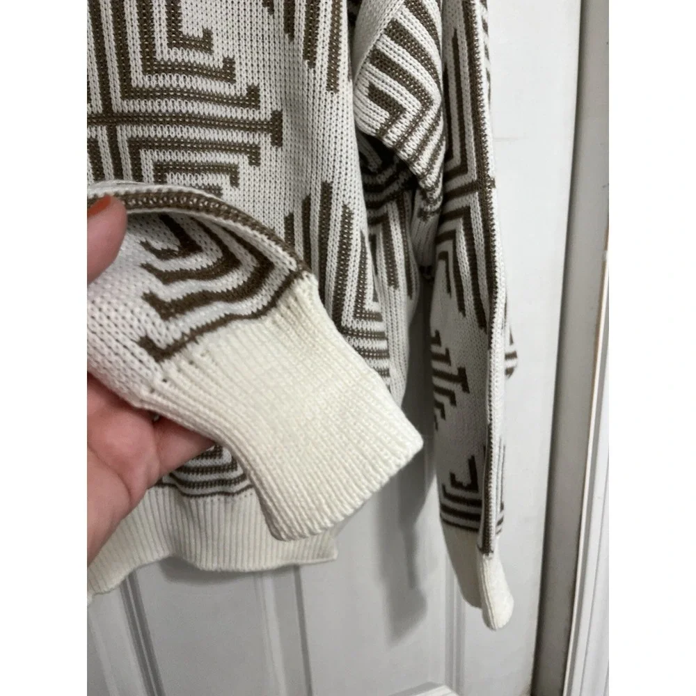 80s 90s Jean Michaud Sweater All Over Print White Brown XL NWT Knit